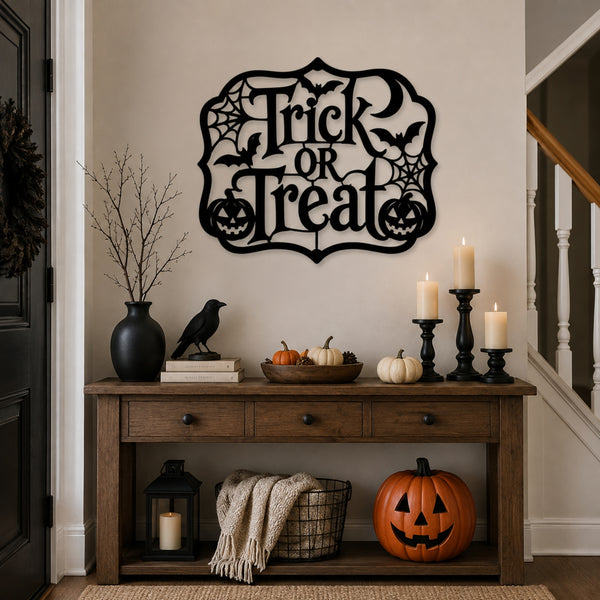 A black metal 'Trick or Treat' wall sign with bats, spiders, and jack-o'-lanterns is displayed on a beige wall above a wooden console table decorated for Halloween with candles, pumpkins, and a black bird figurine.