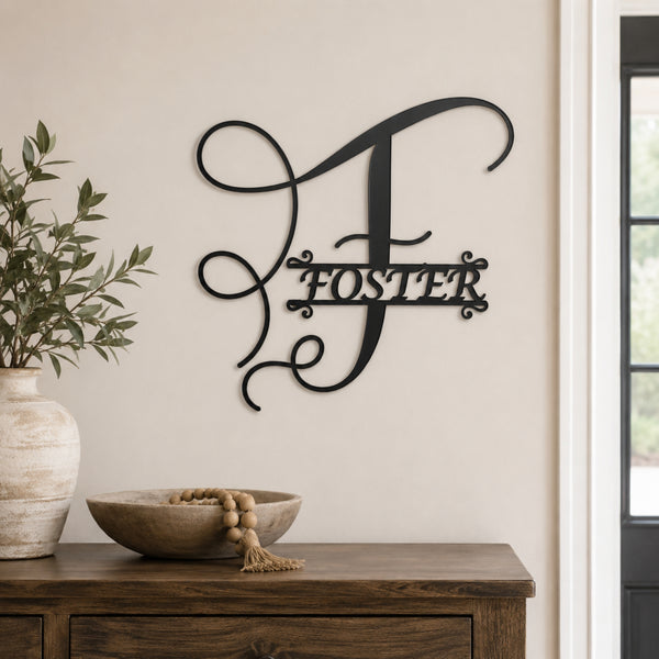 Personalized Script Monogram Family Name Sign – Custom Initial Metal Wall Art