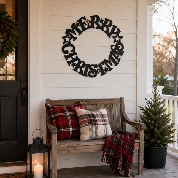 Merry Christmas Wreath Metal Wall Art – Holiday Star Christmas Decor