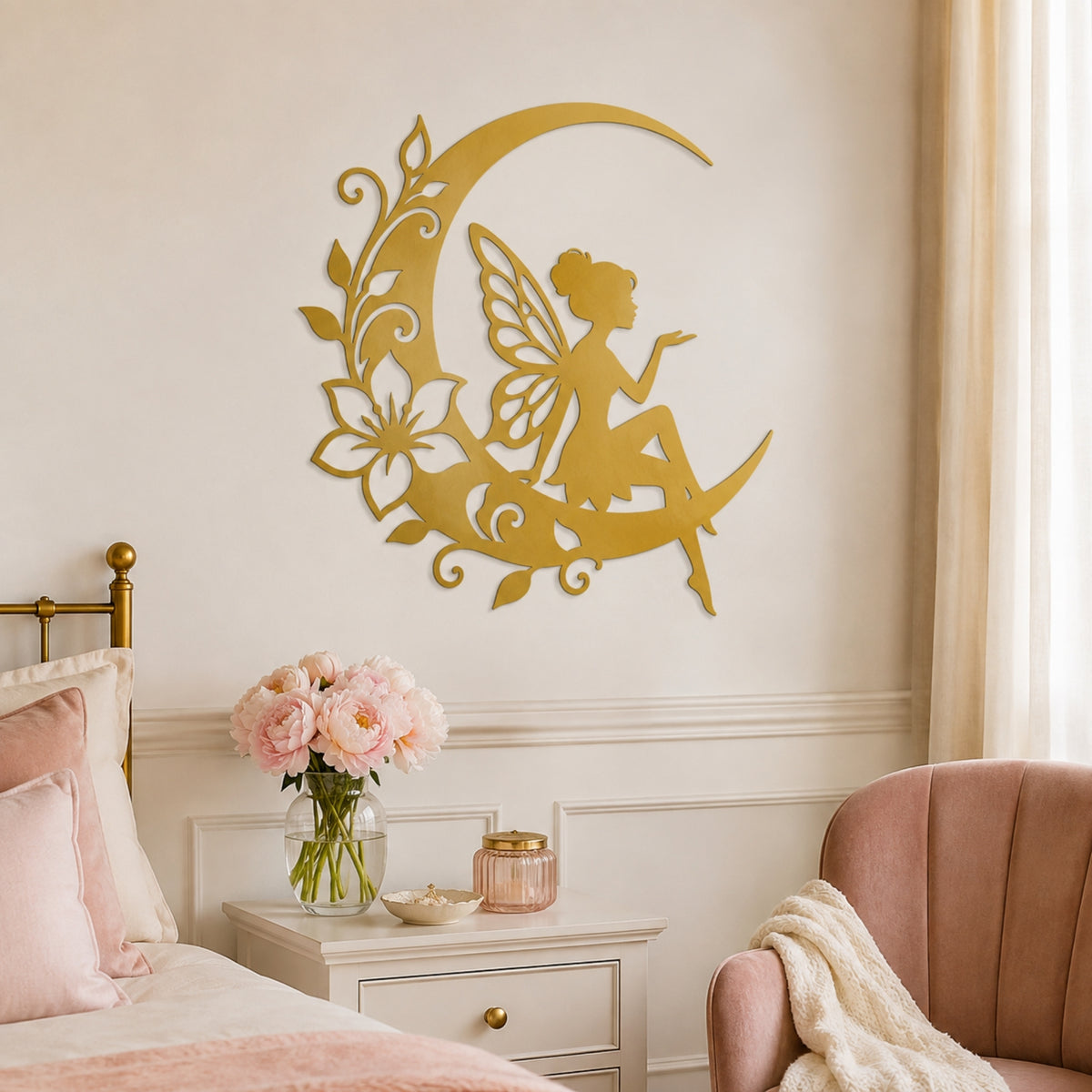 Fairy on Crescent Moon Metal Wall Art – Floral Fairy Wall Decor