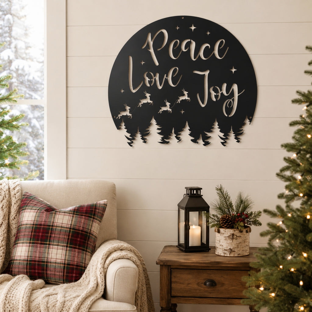 Peace Love Joy Christmas Metal Wall Art – Reindeer & Pine Tree Holiday Sign