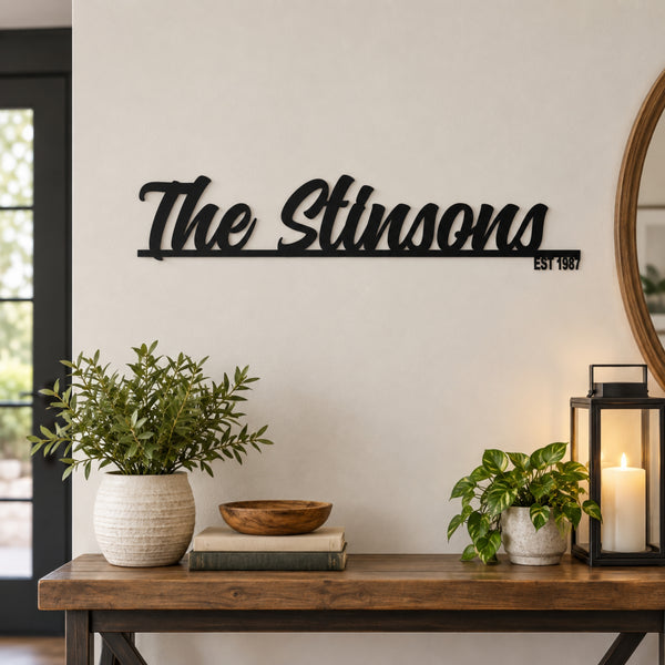 Personalized Family Name Metal Sign with Established Year – Script Surname Wall Art