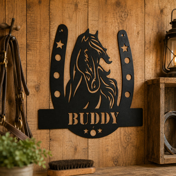 Personalized Horse Name Metal Sign – Horseshoe Equestrian Wall Art