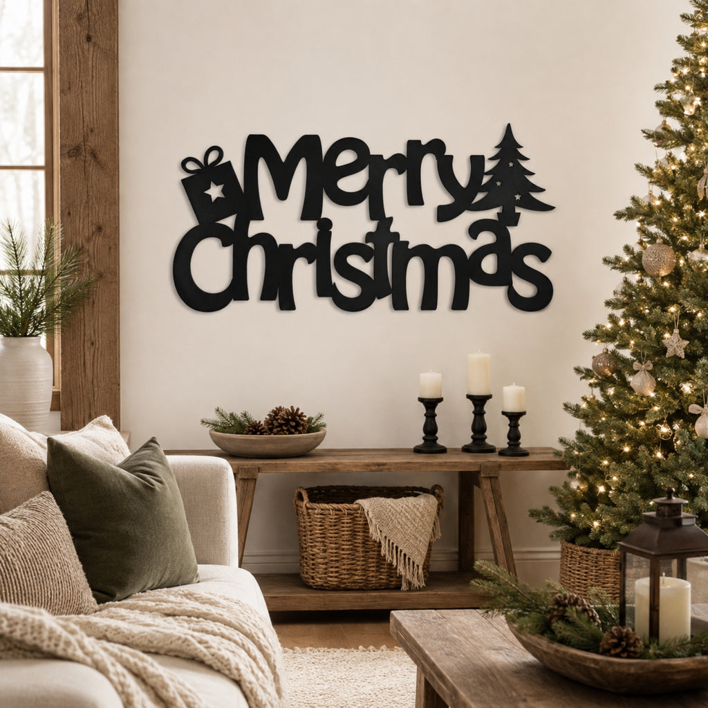 Merry Christmas Metal Wall Art – Gift & Christmas Tree Holiday Sign