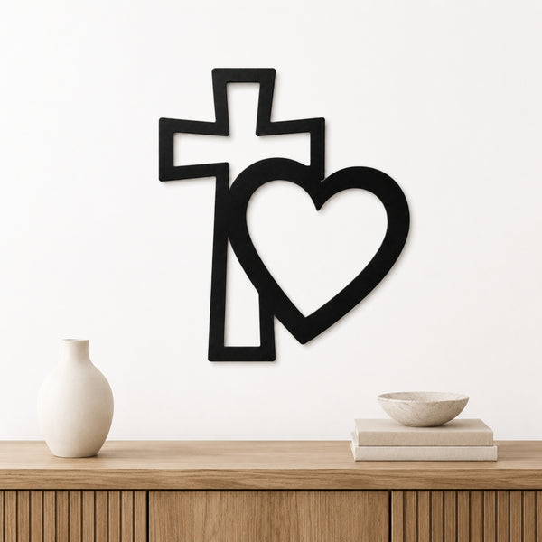 Cross & Heart Metal Wall Art – Christian Faith Love Decor