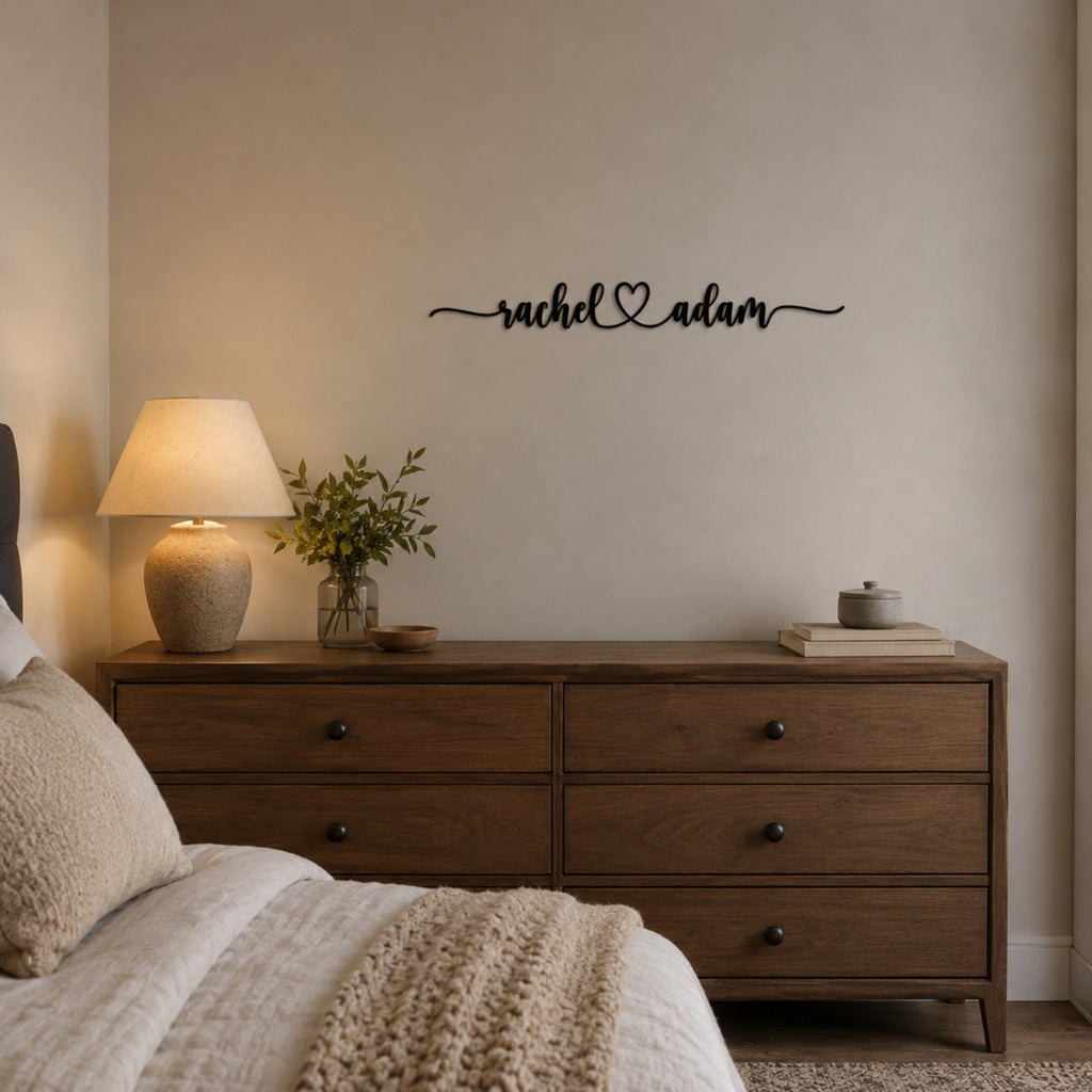 Personalized Couple Name Metal Sign with Heart – Extended Flourish Script