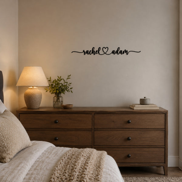 Personalized Couple Name Metal Sign with Heart – Extended Flourish Script