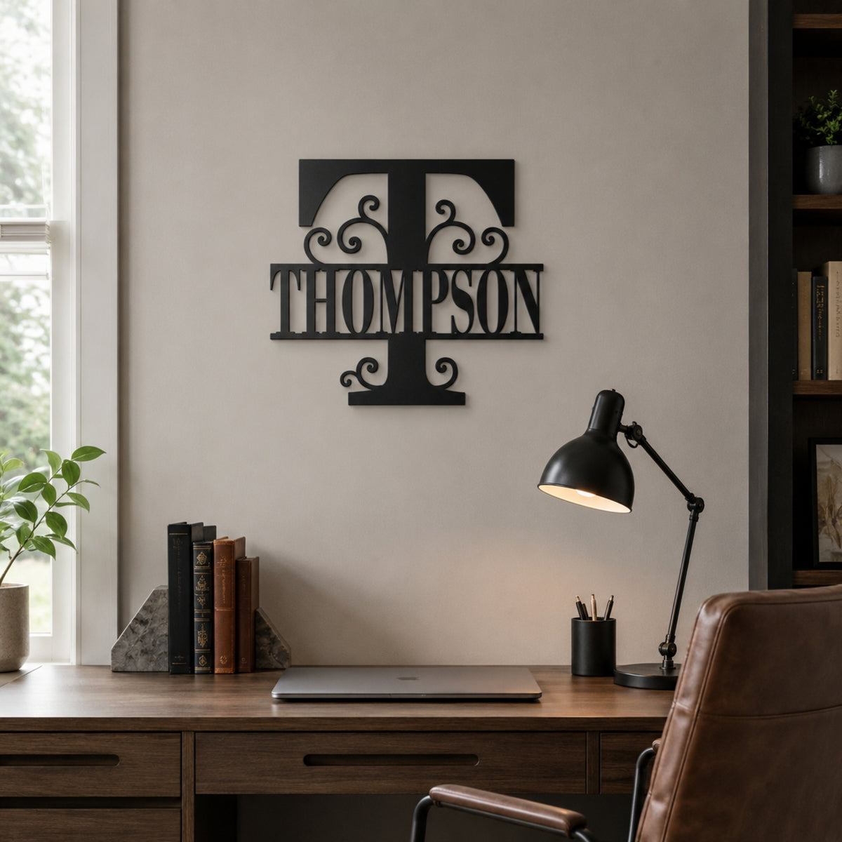 Personalized Scroll Monogram Family Name Sign – Custom Initial Metal Wall Art