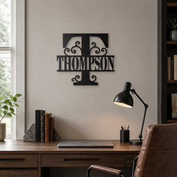 Personalized Scroll Monogram Family Name Sign – Custom Initial Metal Wall Art