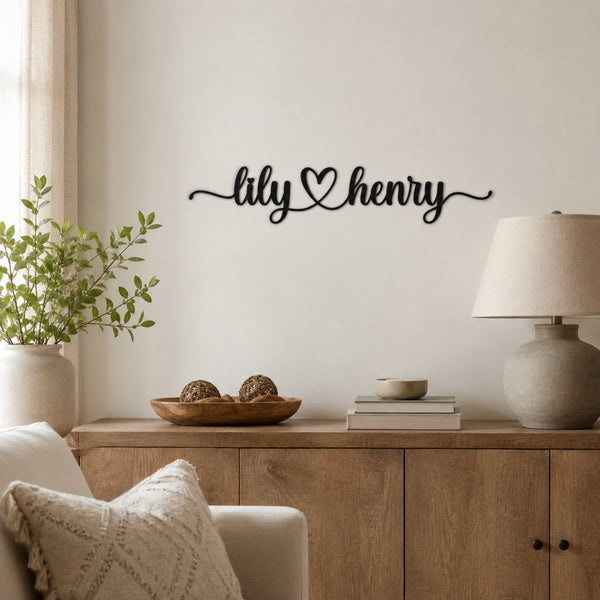 Personalized Couple Name Metal Sign with Heart – Romantic Script with Flourish Tails