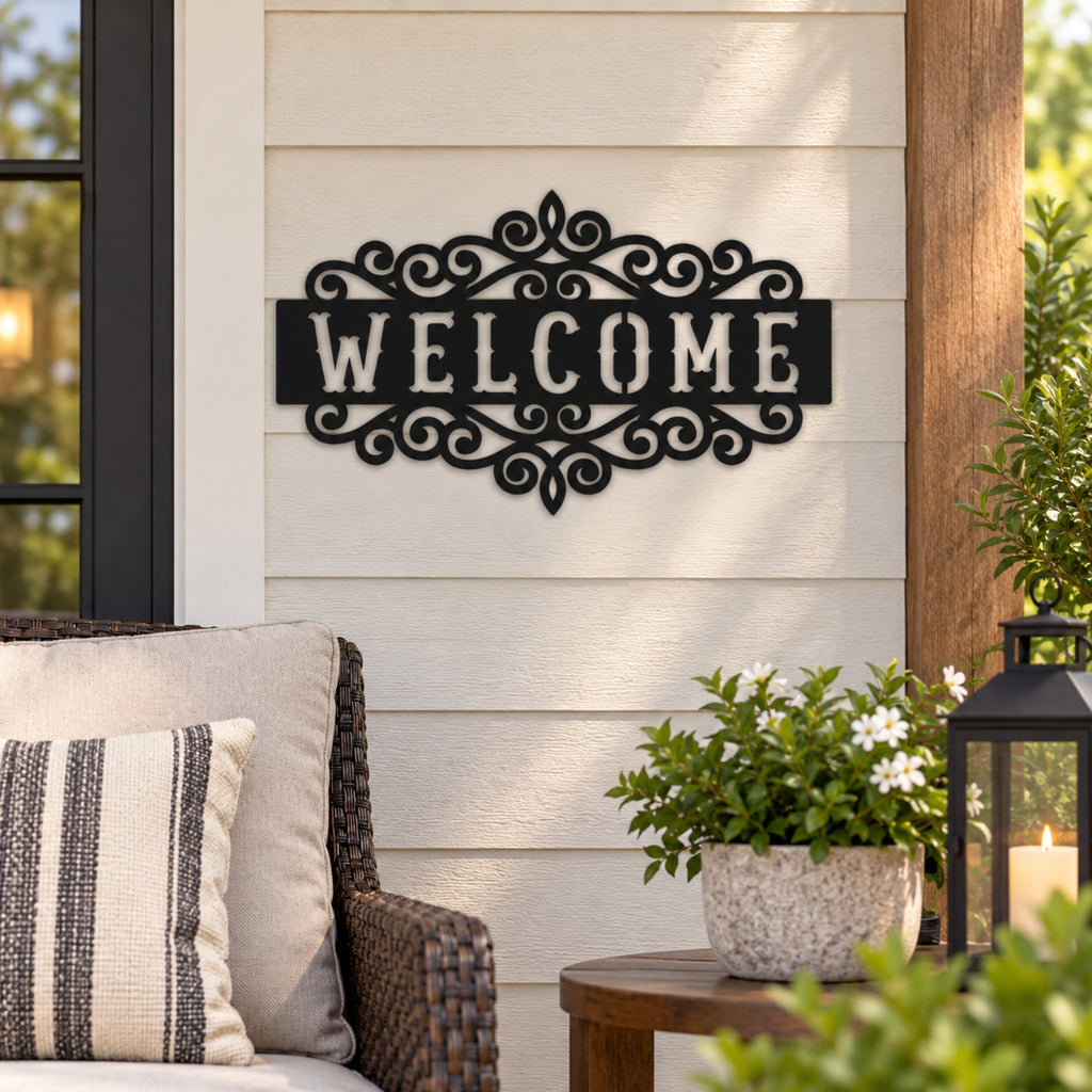 Ornate Welcome Metal Sign – Decorative Porch & Entryway Wall Decor