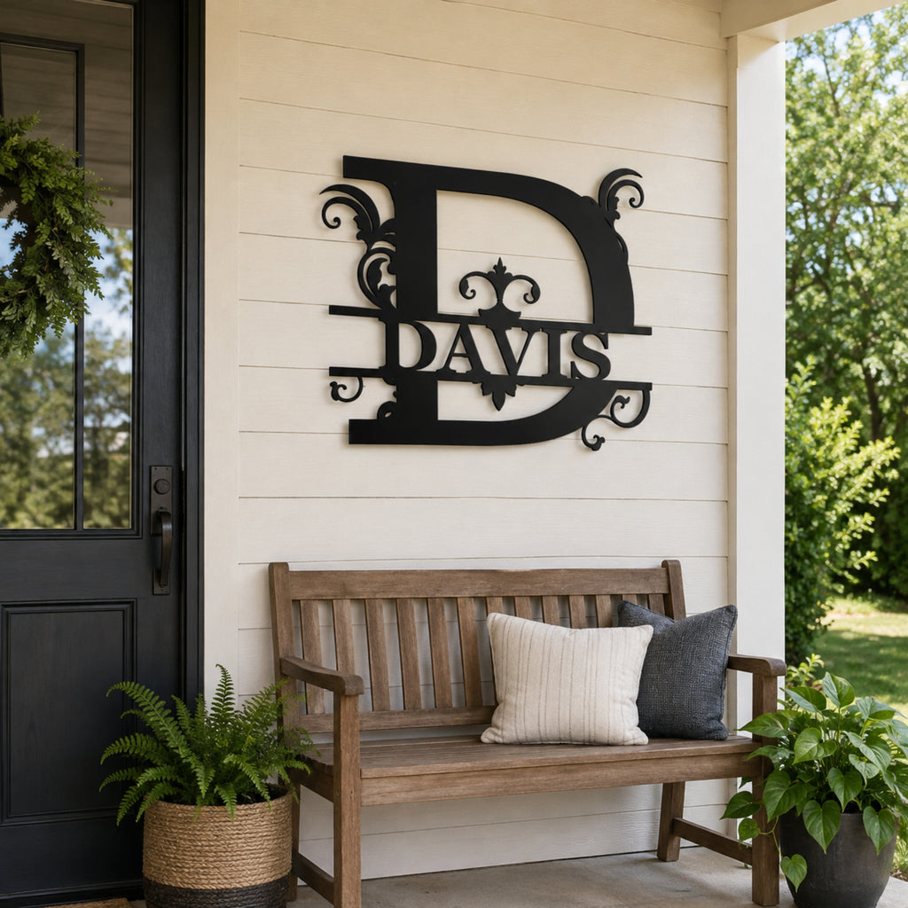 Personalized Ornate Monogram Family Name Sign – Custom Initial Metal Wall Art