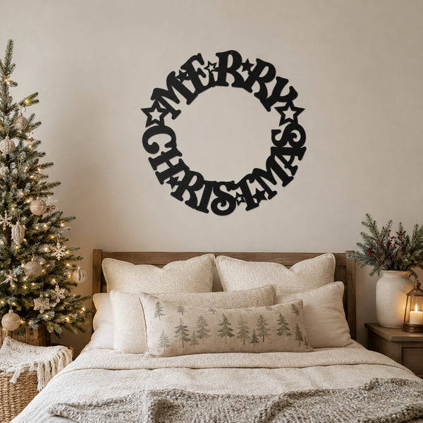 Merry Christmas Wreath Metal Wall Art – Holiday Star Christmas Decor