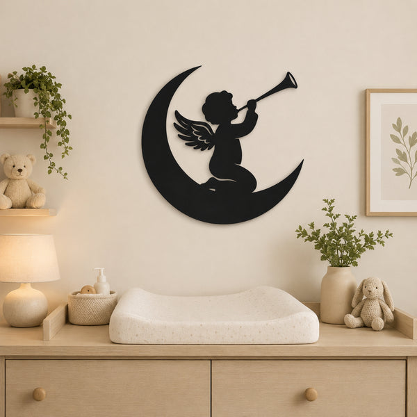 Angel on Moon Metal Wall Art – Celestial Nursery Decor
