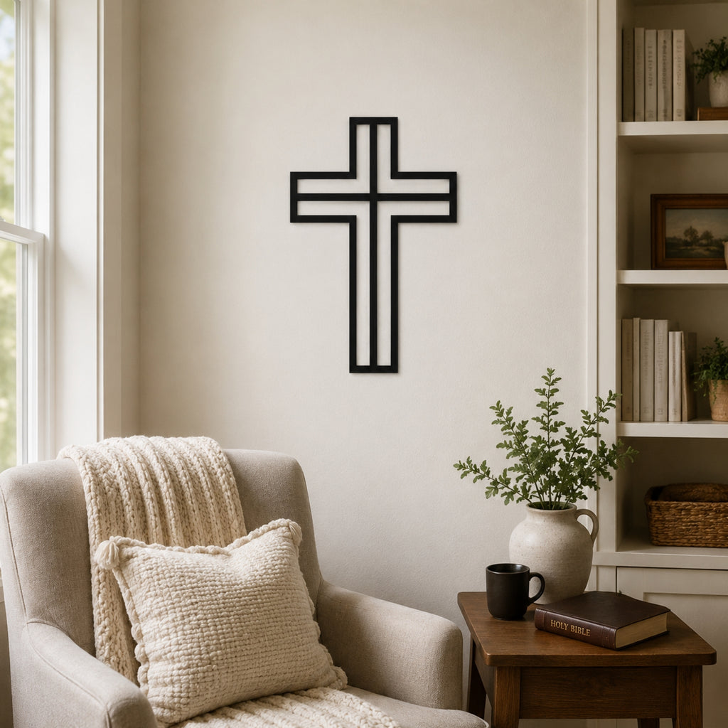 Modern Christian Cross Metal Wall Art – Minimalist Faith Decor