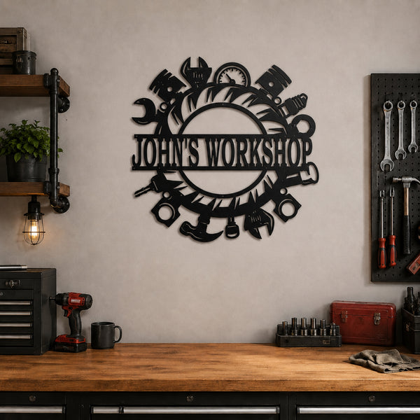 Personalized Garage & Workshop Metal Sign – Custom Name Decor