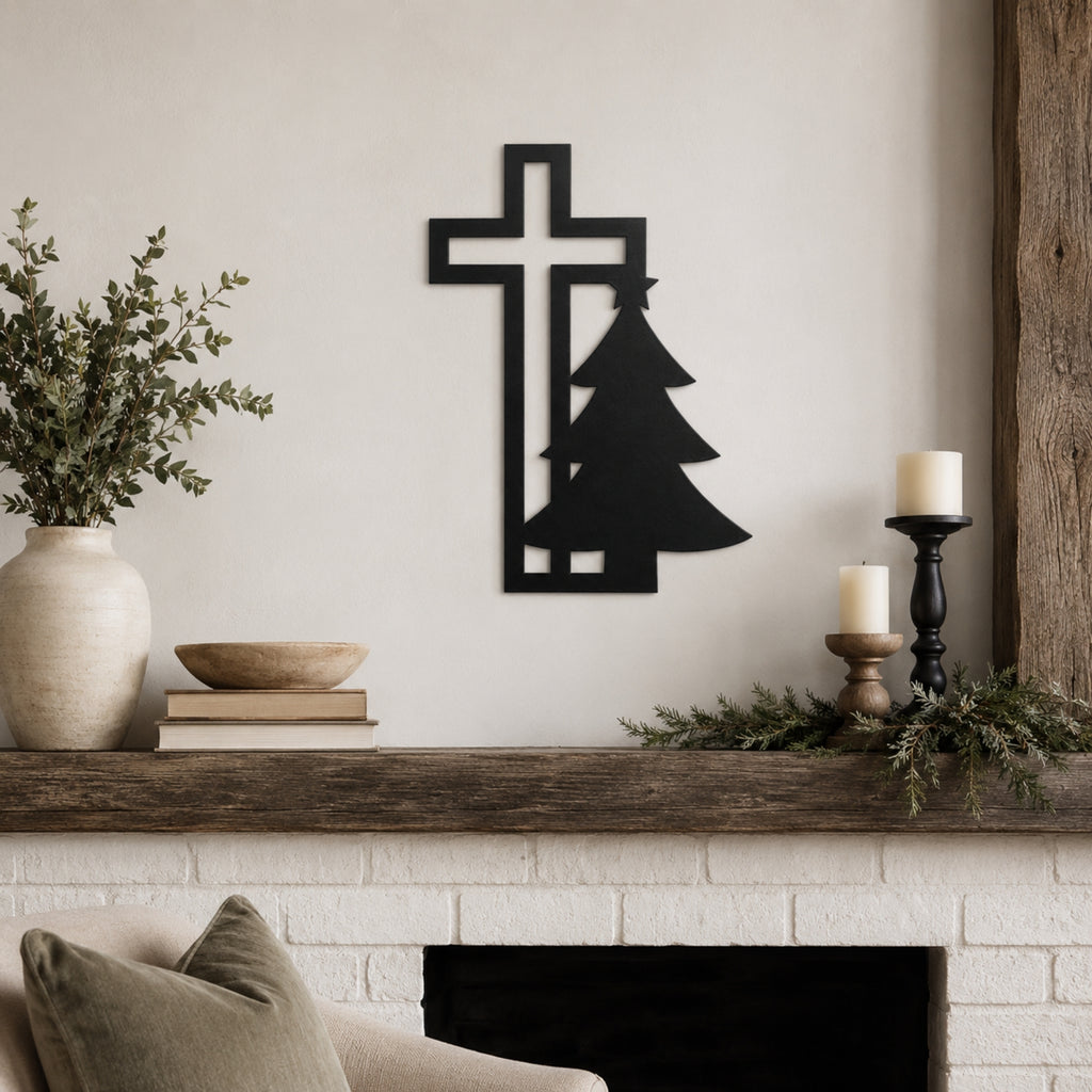 Christian Cross & Christmas Tree Metal Wall Art – Holiday Faith Decor