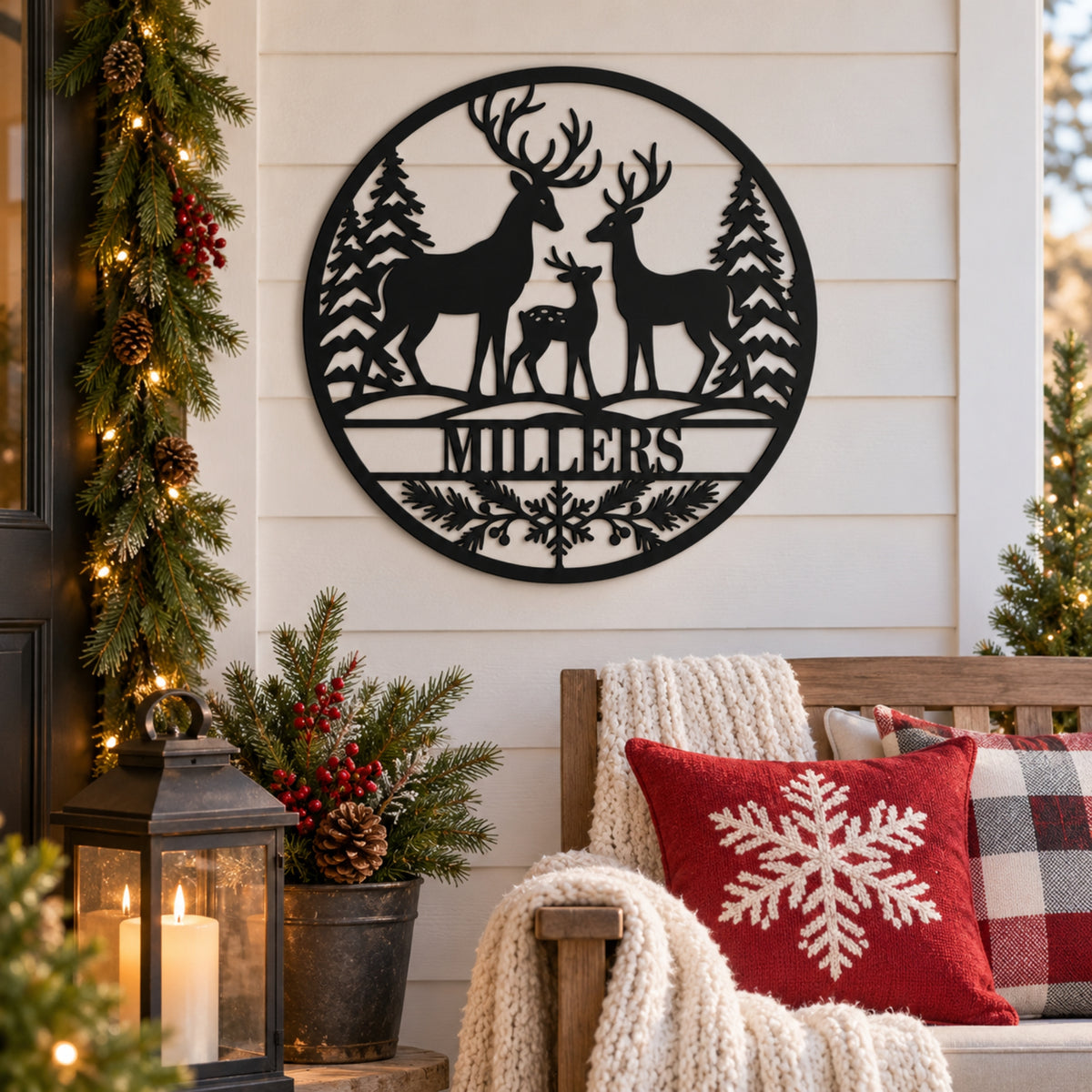Personalized Deer Family Christmas Metal Sign – Custom Last Name Holiday Decor