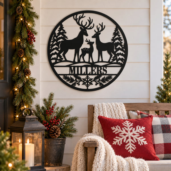 Personalized Deer Family Christmas Metal Sign – Custom Last Name Holiday Decor