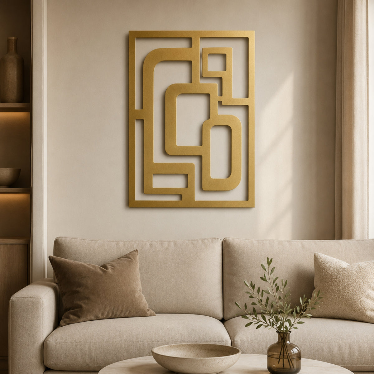 Gold geometric wall art with an abstract maze-like frame design, displayed on a beige wall above a modern light beige sofa in a styled living room setting.