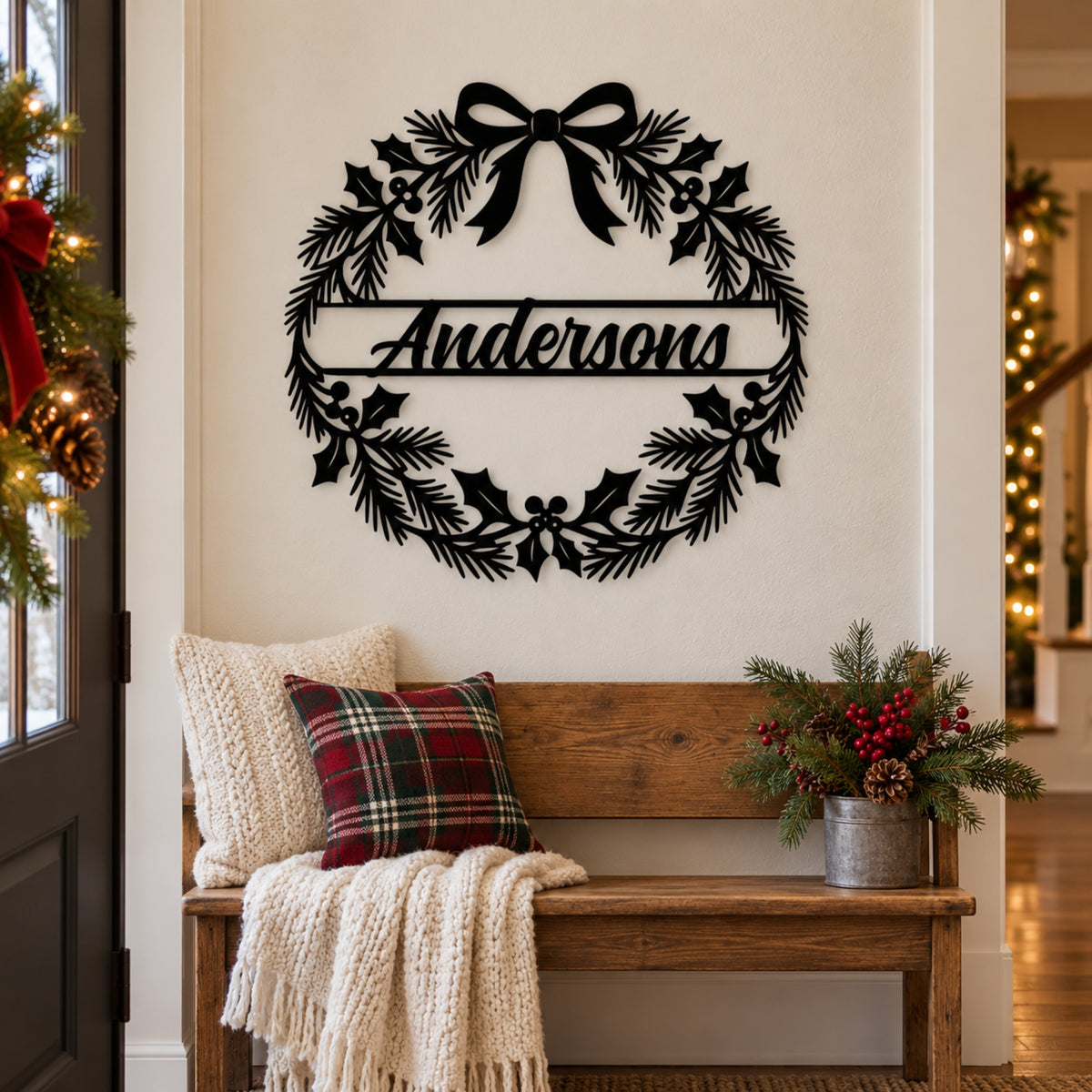 Personalized Christmas Wreath Metal Sign – Custom Family Name Holiday Decor