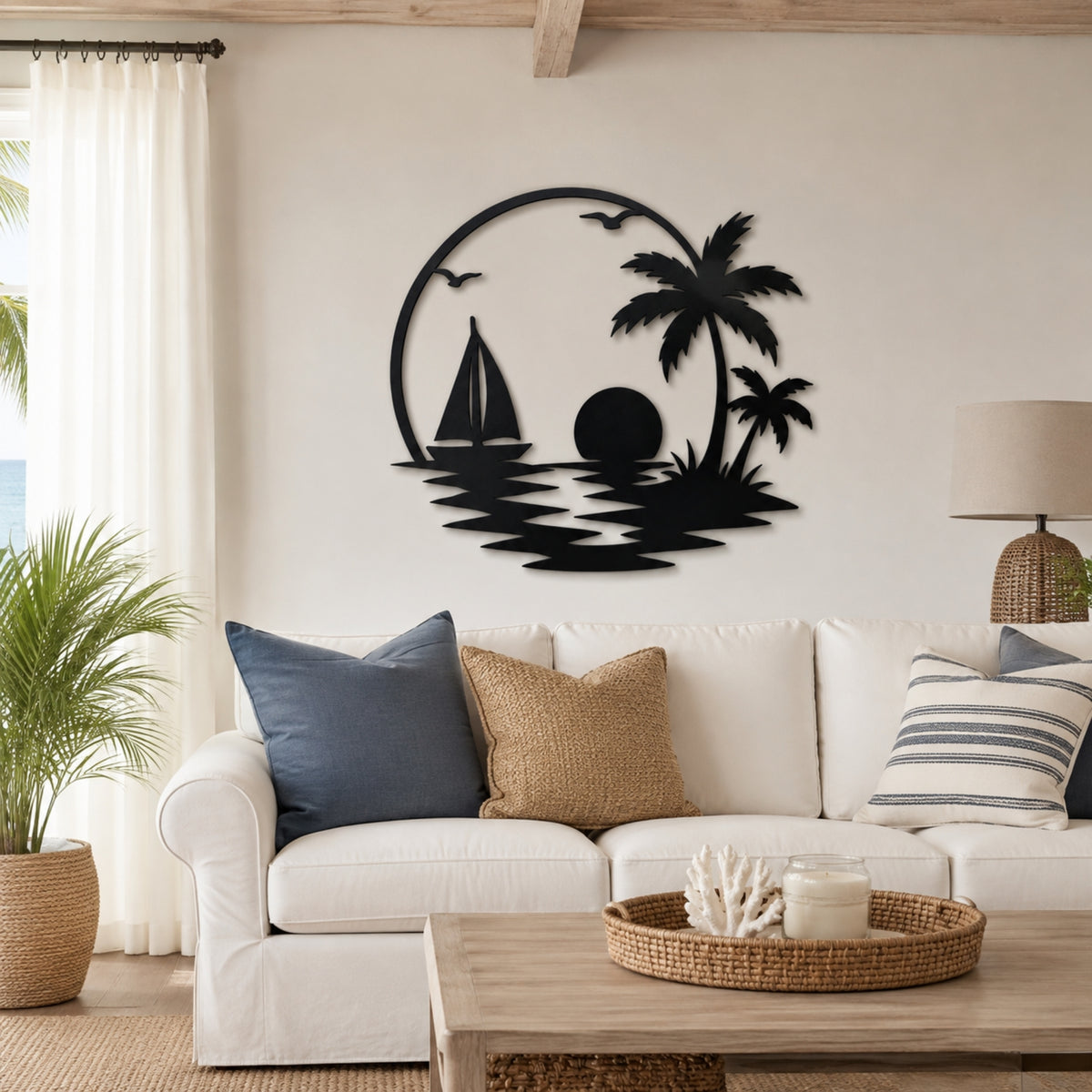 Tropical Sailboat Sunset Metal Wall Art – Palm Tree Coastal Decor