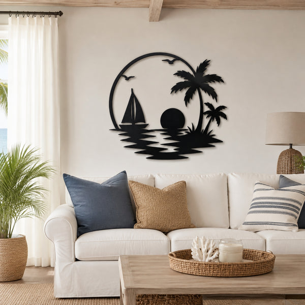 Tropical Sailboat Sunset Metal Wall Art – Palm Tree Coastal Decor