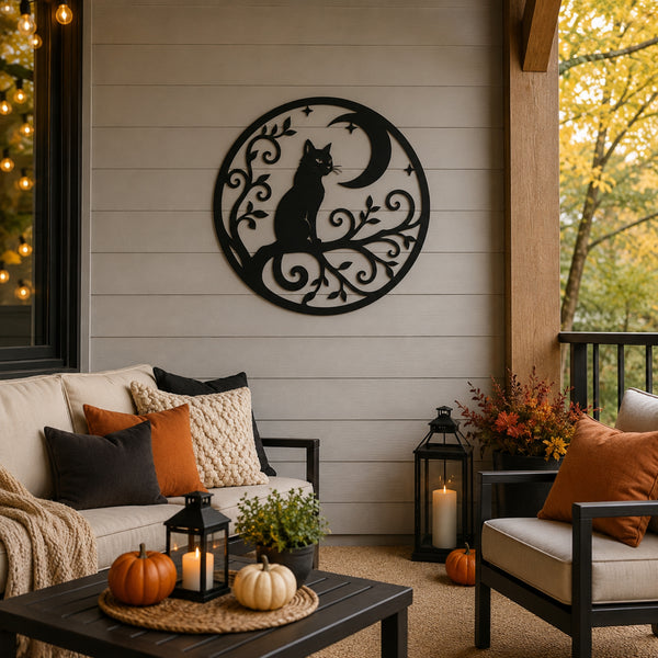 A black metal wall art piece featuring a cat silhouette sitting under a crescent moon with decorative scrollwork, mounted on a light gray shiplap wall on a porch. The porch includes a cream sofa with orange and black pillows, a black coffee table with pumpkins and candles, and a chair with an orange pillow.