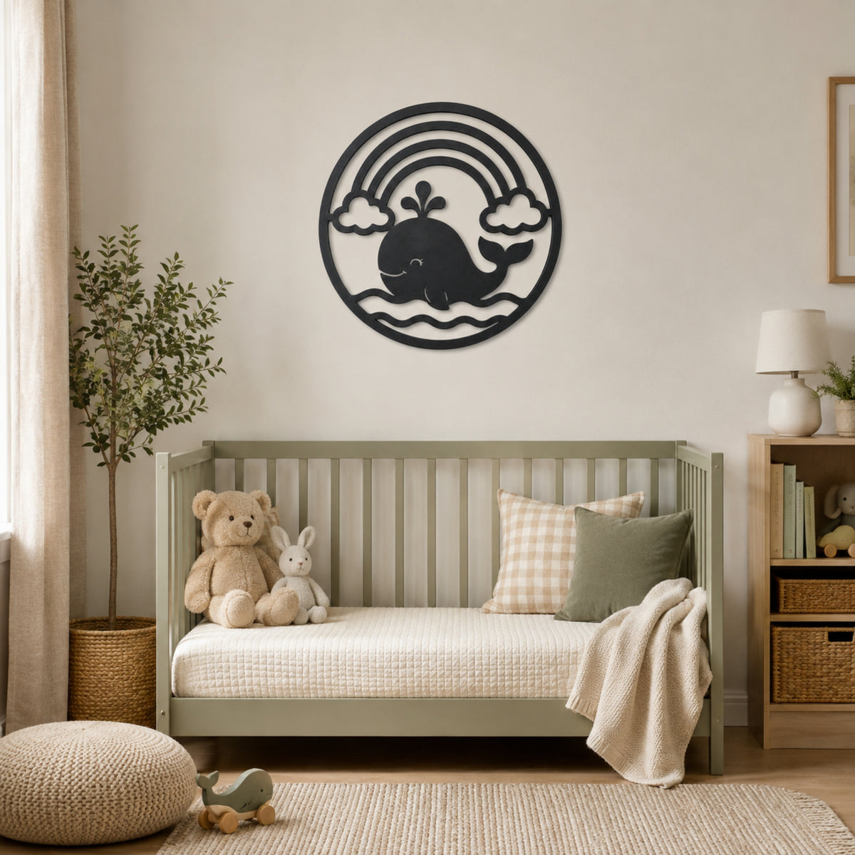 A styled nursery room featuring a light sage green wooden daybed with a quilted cream mattress, styled with a teddy bear, a plush bunny, and neutral throw pillows. The wall above the bed is decorated with a black metal circular wall art piece depicting a whale under a rainbow.