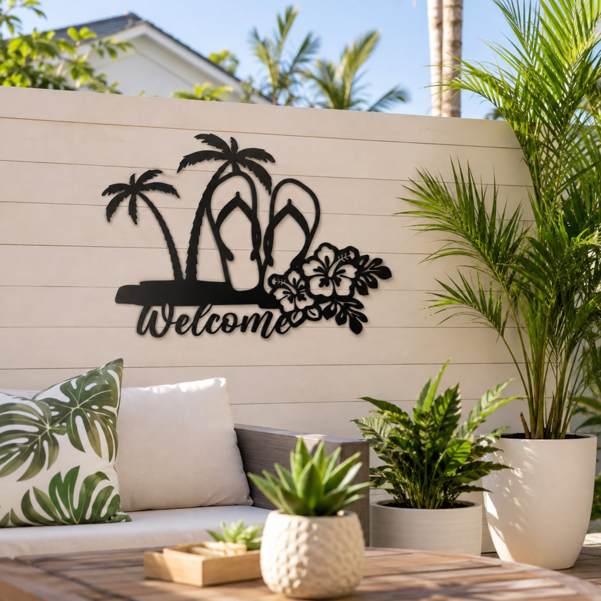 Tropical Welcome Metal Wall Art – Palm Tree & Flip Flop Decor Secondary image