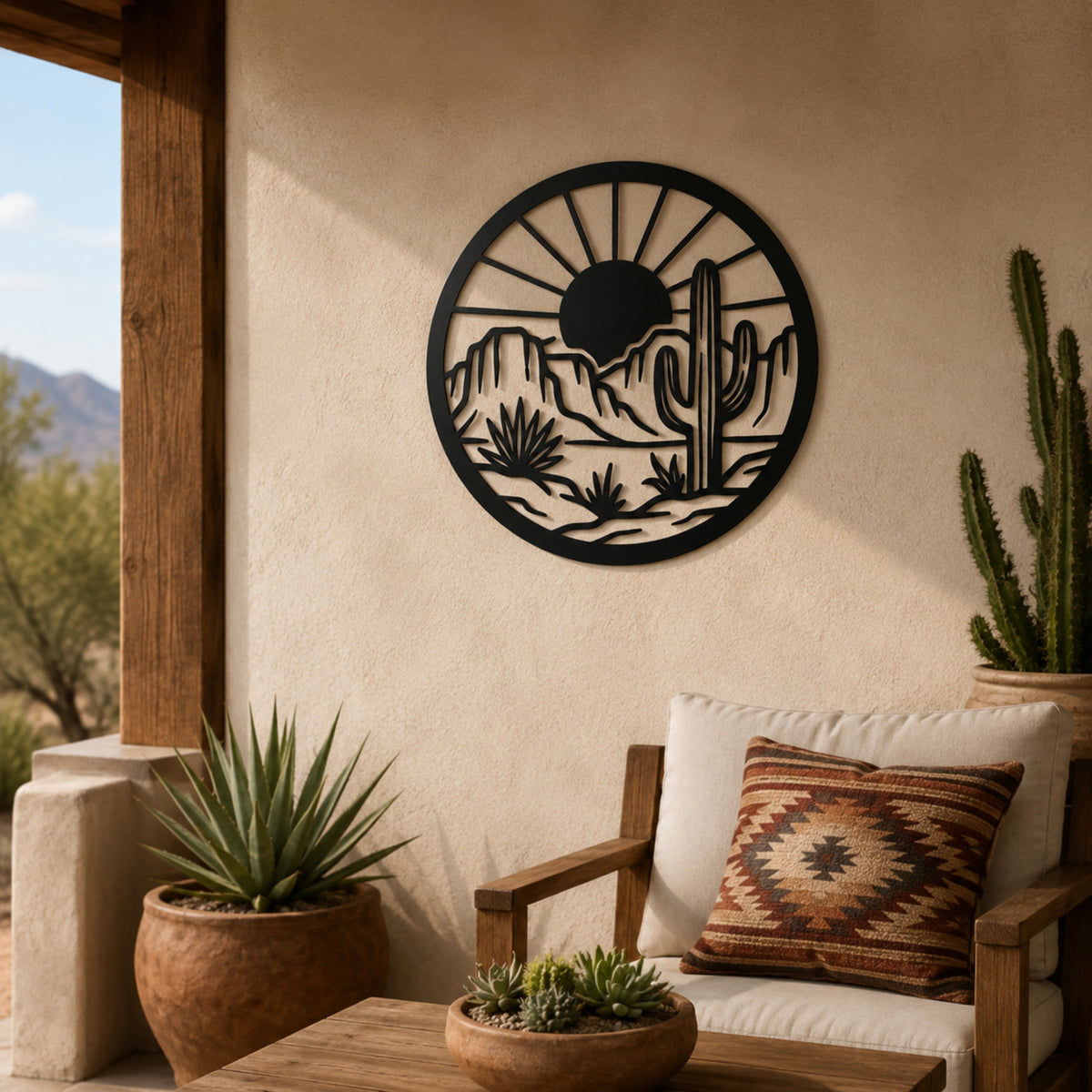 A circular black metal wall art piece featuring a desert landscape with a saguaro cactus, mountains, and a rising sun, mounted on a beige stucco wall in a patio setting with a wooden chair and potted plants. Main image