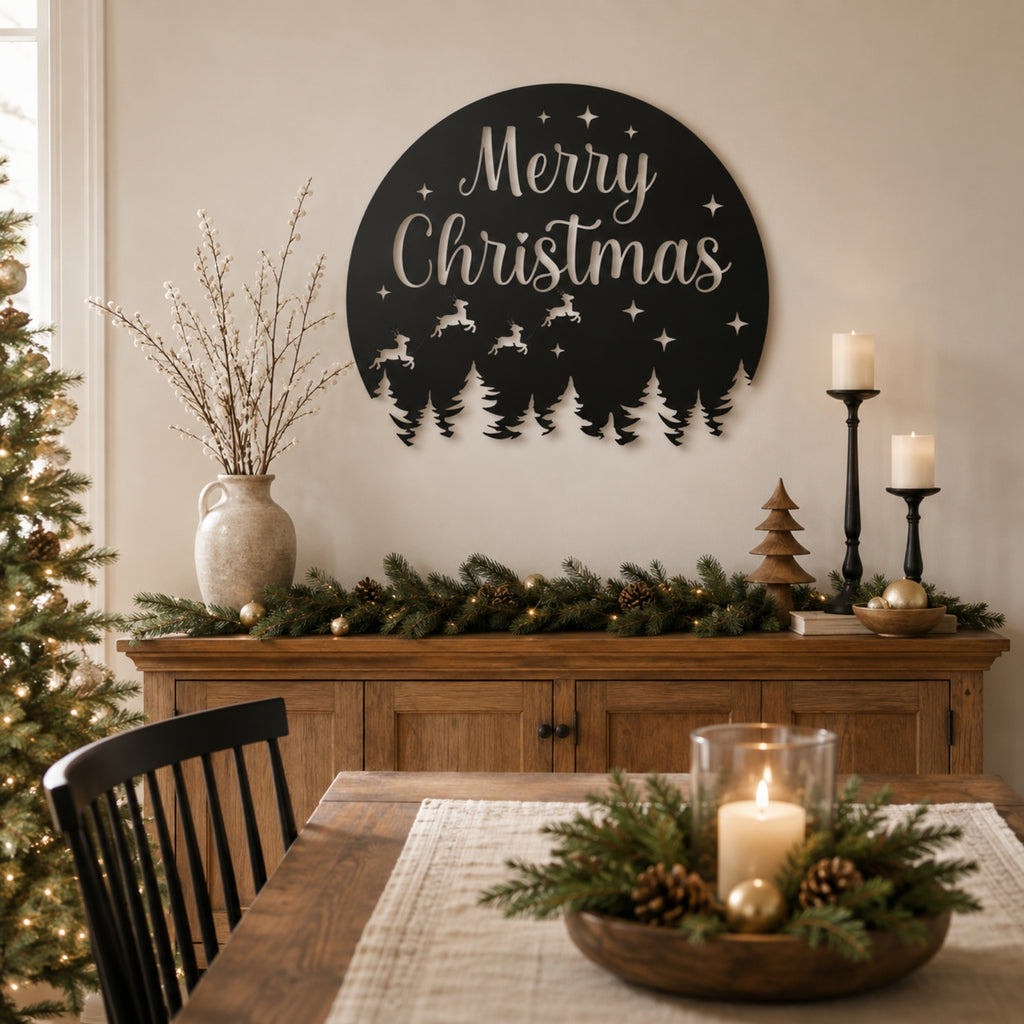 Merry Christmas Metal Wall Art – Reindeer & Pine Tree Holiday Sign