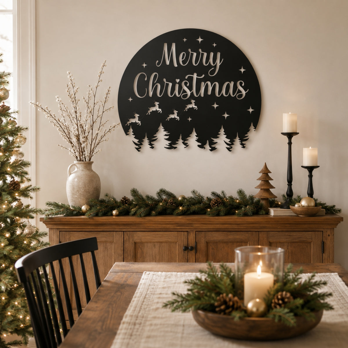 Merry Christmas Metal Wall Art – Reindeer & Pine Tree Holiday Sign
