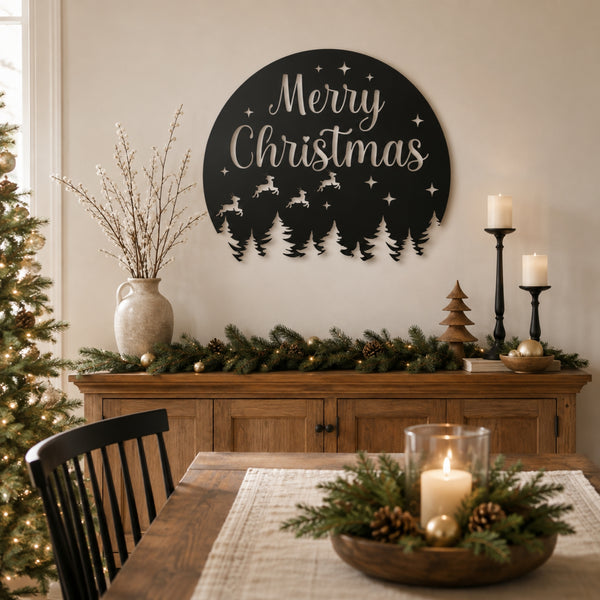 Merry Christmas Metal Wall Art – Reindeer & Pine Tree Holiday Sign