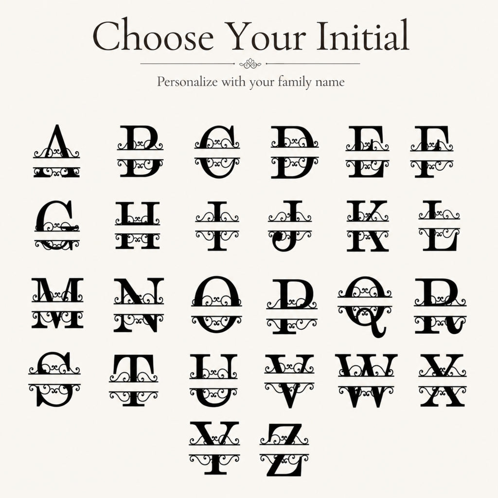 A personalized alphabet initial chart showing decorative black ornamental letters A through Z on a light beige background, with the text 'Choose Your Initial' and 'Personalize with your family name' at the top.