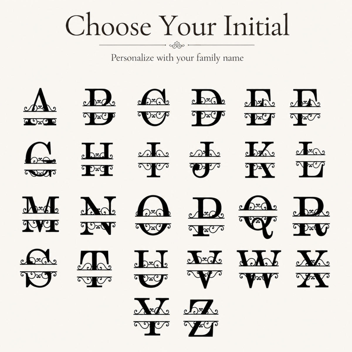 A personalized alphabet initial chart showing decorative black ornamental letters A through Z on a light beige background, with the text 'Choose Your Initial' and 'Personalize with your family name' at the top.