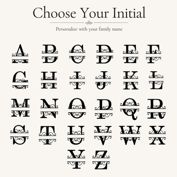 A personalized alphabet initial chart showing decorative black ornamental letters A through Z on a light beige background, with the text 'Choose Your Initial' and 'Personalize with your family name' at the top.
