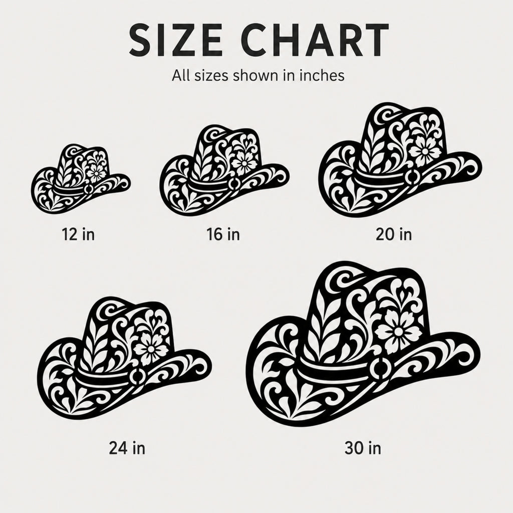 A size chart graphic showing five black cowboy hat illustrations with floral scrollwork, labeled 12 in, 16 in, 20 in, 24 in, and 30 in, on a light gray background with the heading 'SIZE CHART'.