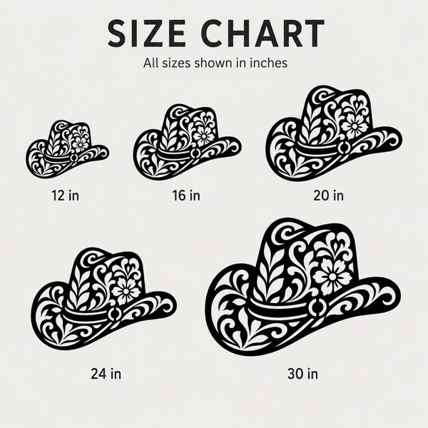 A size chart graphic showing five black cowboy hat illustrations with floral scrollwork, labeled 12 in, 16 in, 20 in, 24 in, and 30 in, on a light gray background with the heading 'SIZE CHART'.