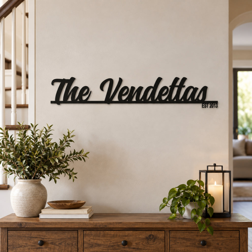 Personalized Family Name Metal Sign with Established Year – Script Surname Wall Art