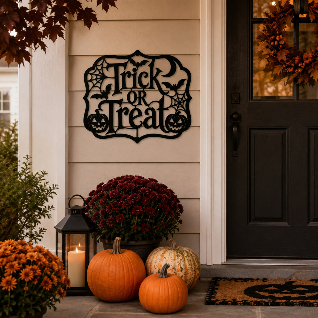 Black metal 'Trick or Treat' wall sign mounted on a beige house siding door frame, styled with pumpkins, mums, a lantern, and a doormat.