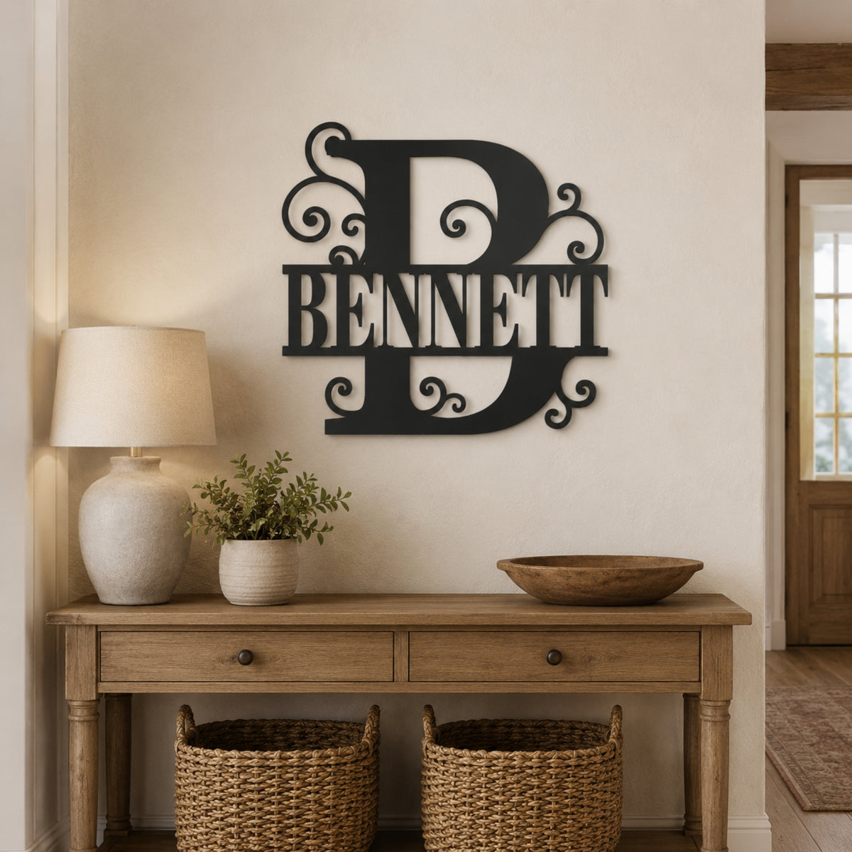 Personalized Scroll Monogram Family Name Sign – Custom Initial Metal Wall Art Main image