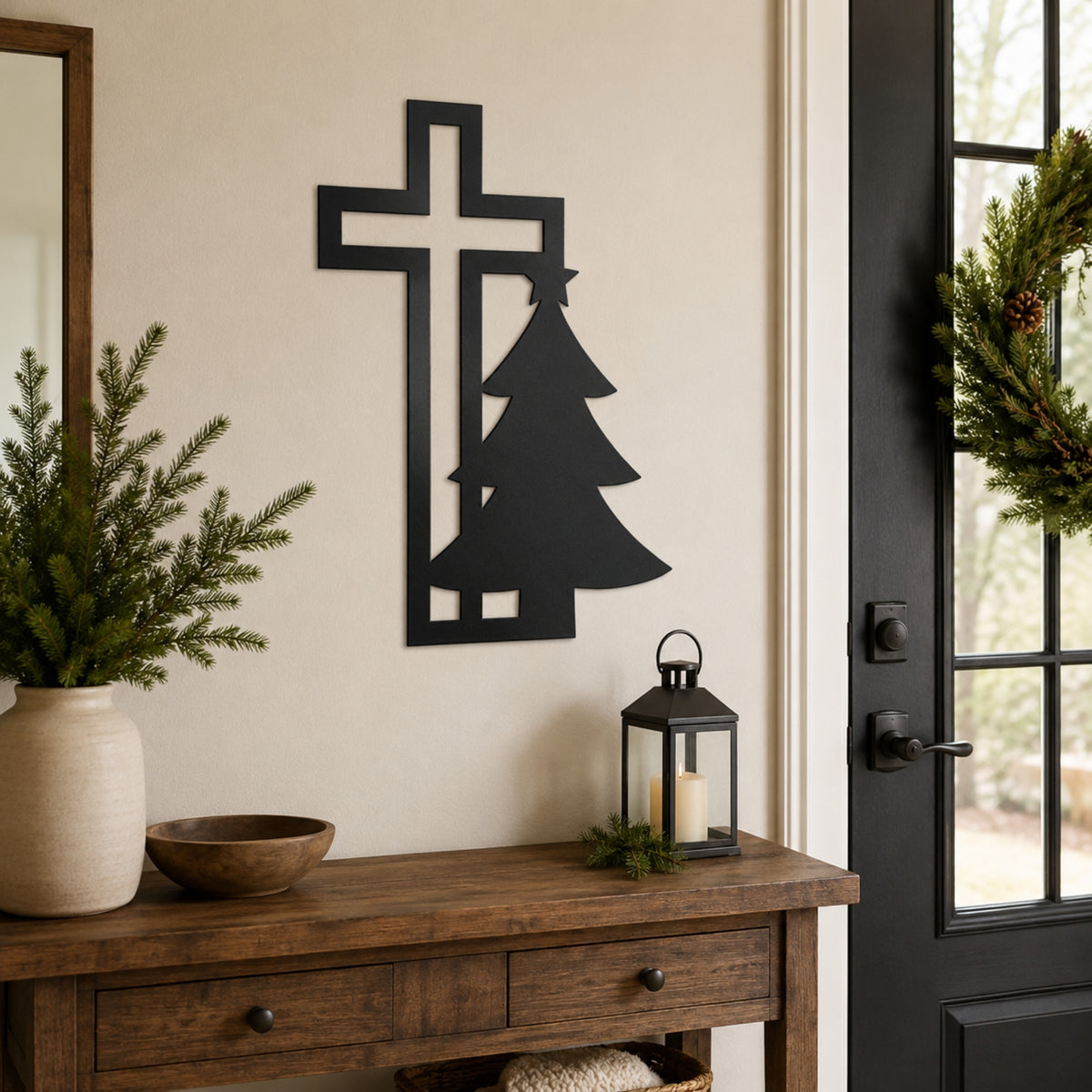 Christian Cross & Christmas Tree Metal Wall Art – Holiday Faith Decor