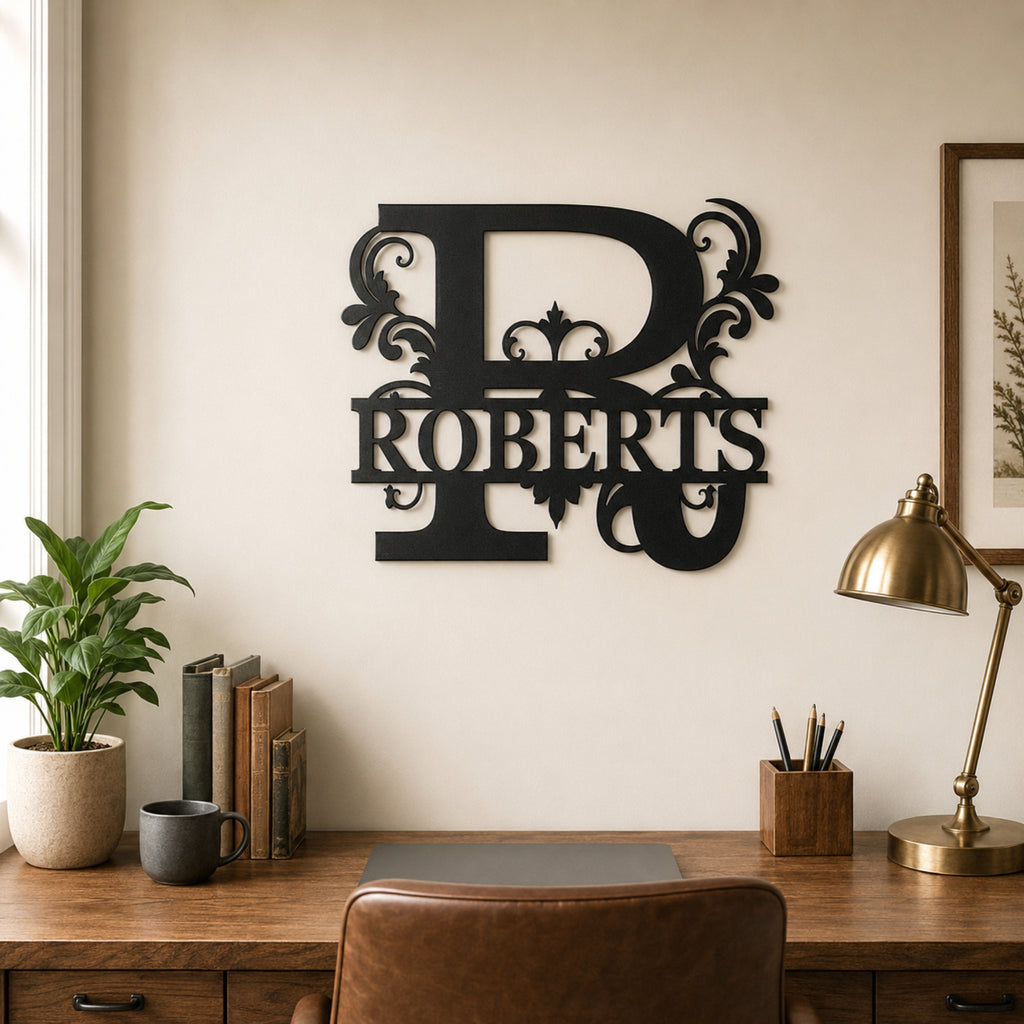 Personalized Ornate Monogram Family Name Sign – Custom Initial Metal Wall Art