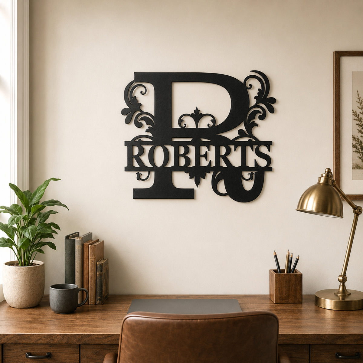 Personalized Ornate Monogram Family Name Sign – Custom Initial Metal Wall Art