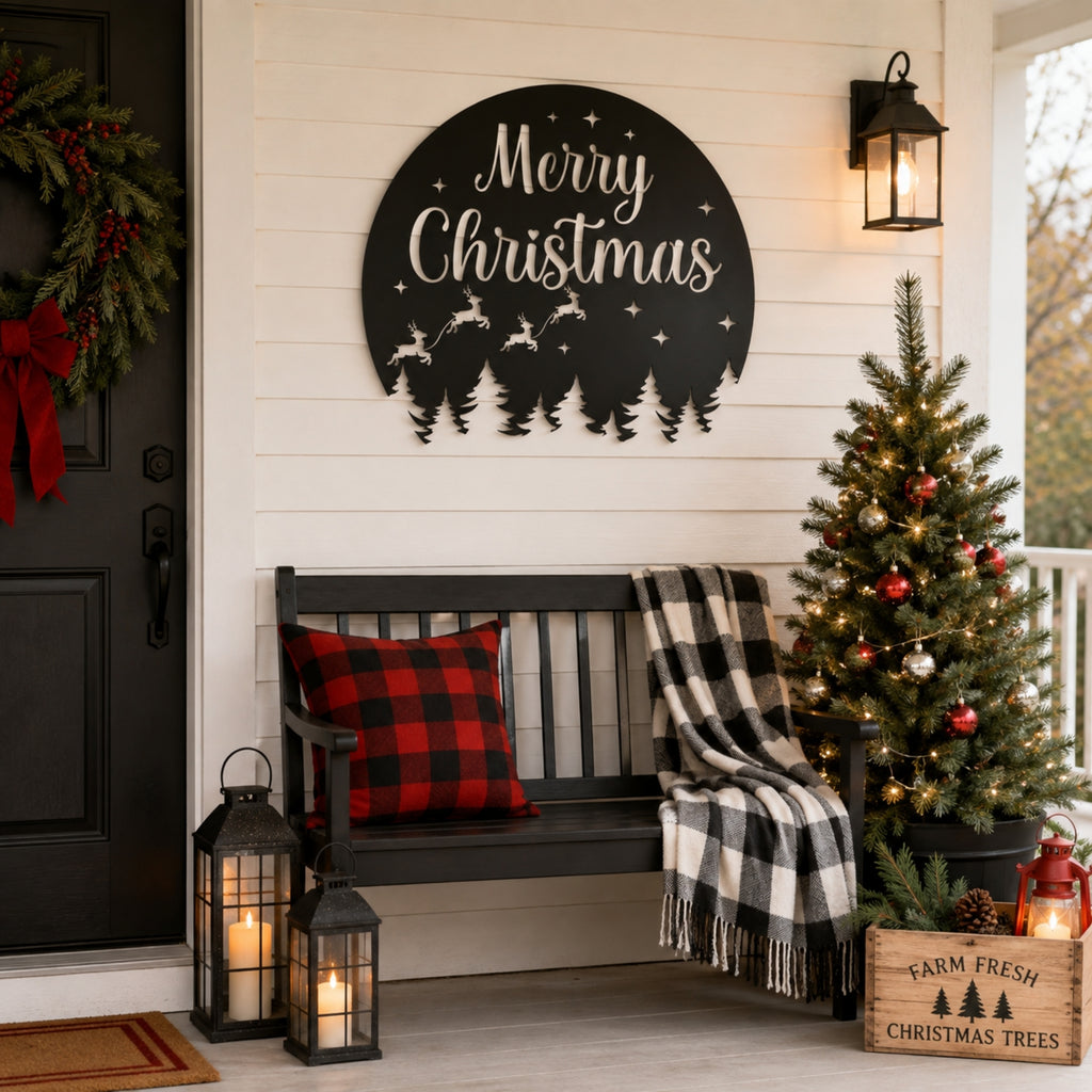 Merry Christmas Metal Wall Art – Reindeer & Pine Tree Holiday Sign