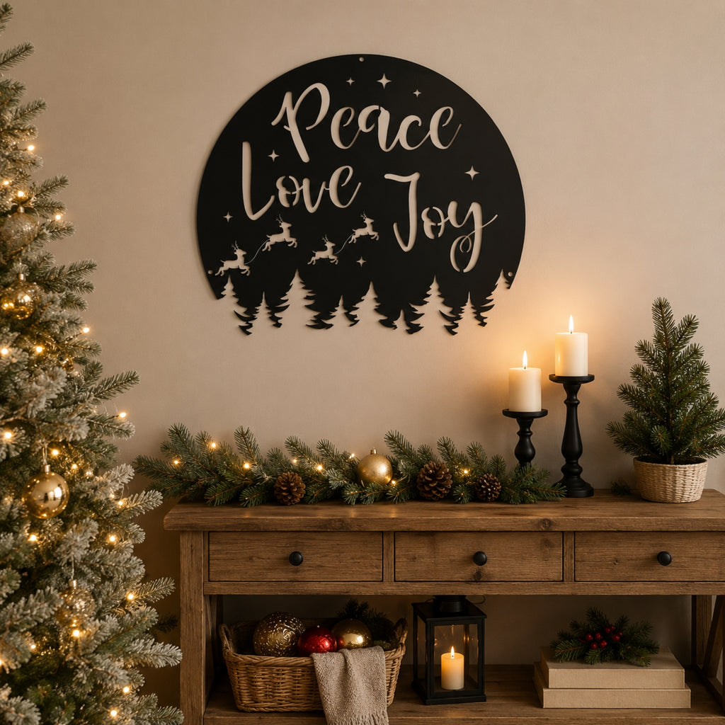 Peace Love Joy Christmas Metal Wall Art – Reindeer & Pine Tree Holiday Sign