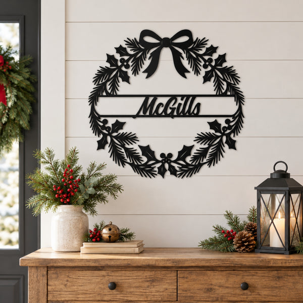 Personalized Christmas Wreath Metal Sign – Custom Family Name Holiday Decor