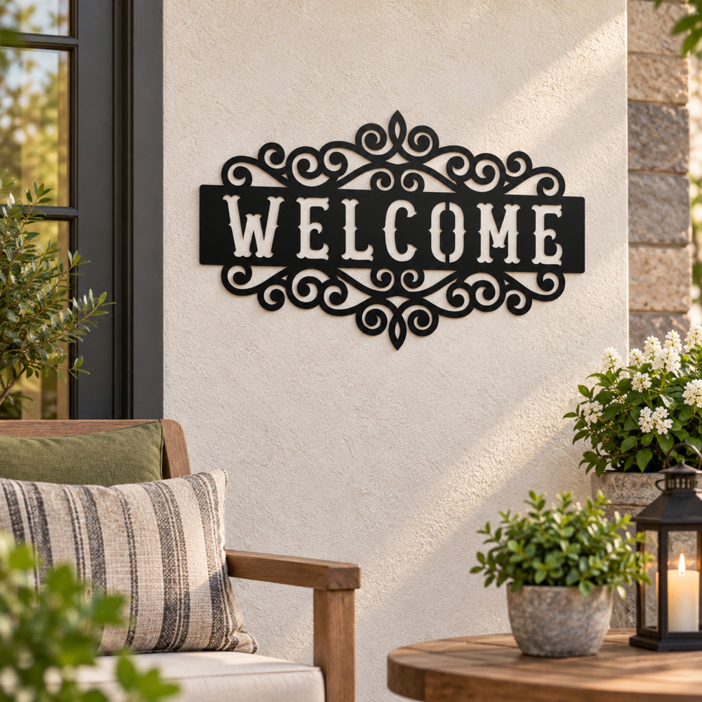 Ornate Welcome Metal Sign – Decorative Porch & Entryway Wall Decor
