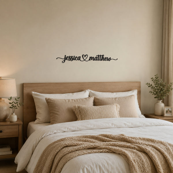 Personalized Couple Name Metal Sign with Heart – Romantic Script with Flourish Tails